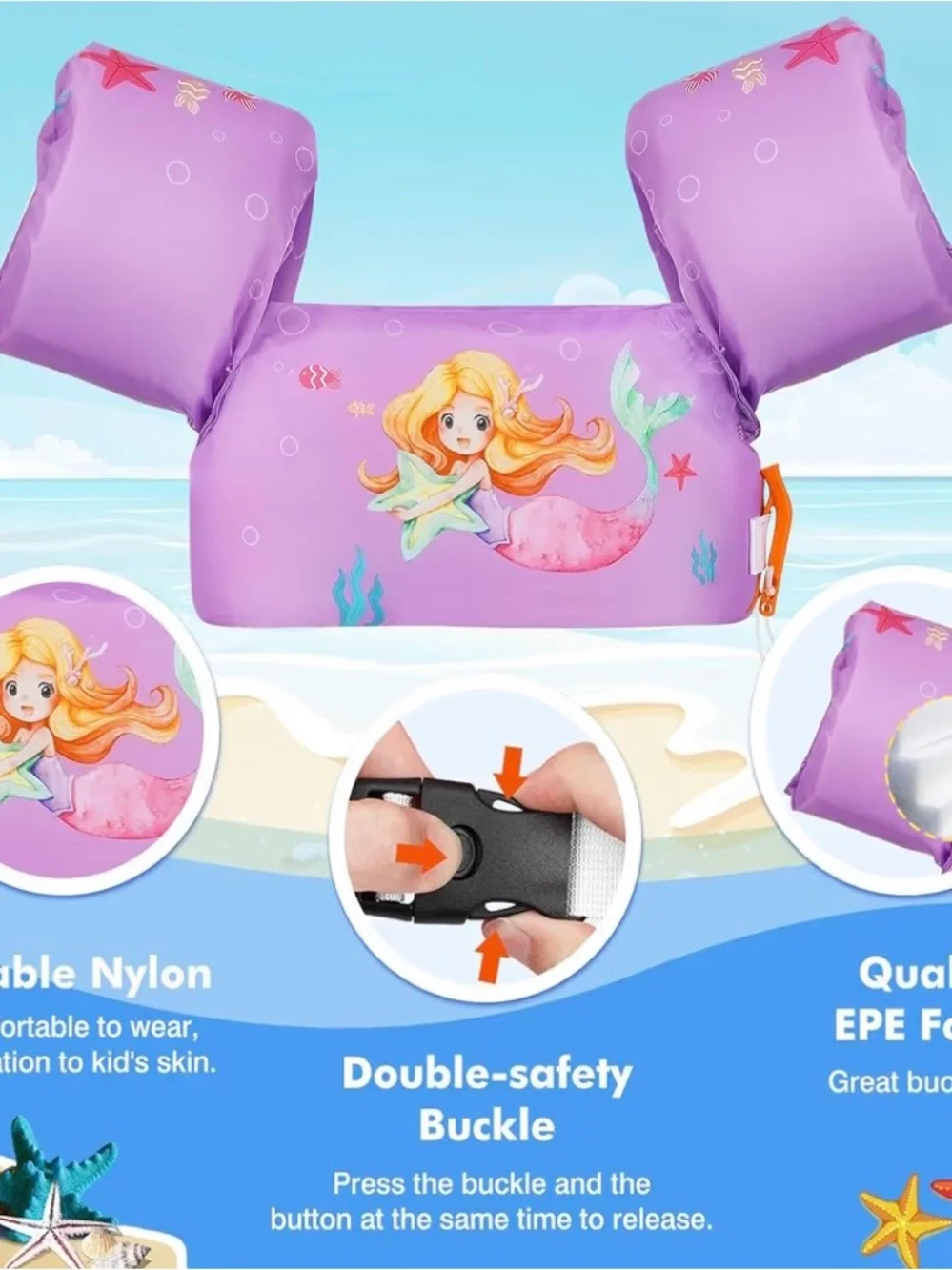 Kids Purple Mermaid Swim Float Jacket - Secure Arm Float Trainer